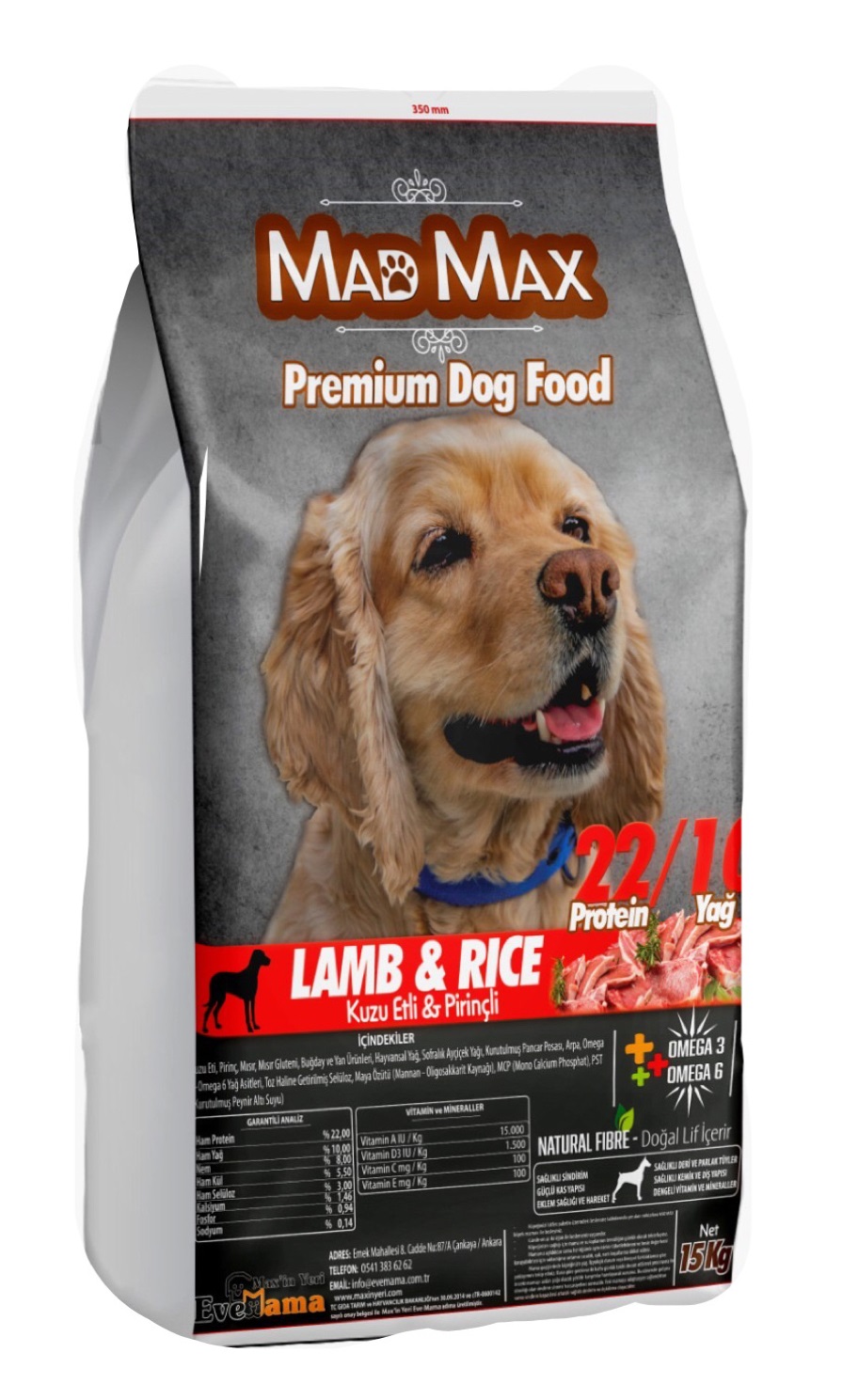 MadMax Premium 22/14 Kuzu Etli ve Pirinçli Yetişkin Köpek Maması 15 Kg.